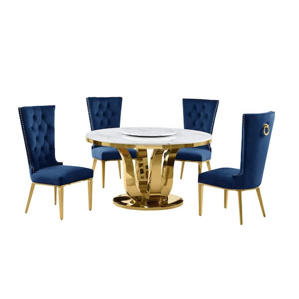 Best Quality Furniture Farrah 5Piece Round White Marble Top Lazy Susan