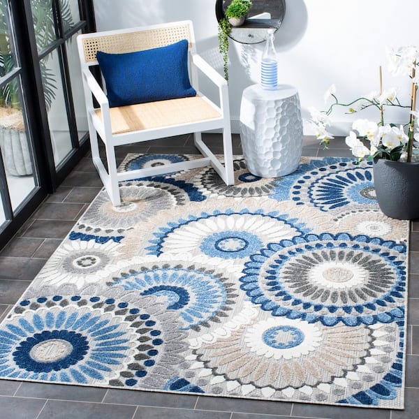 Cabana Gray/Blue 3 ft. x 3 ft. Medallion Floral Square Indoor/Outdoor Area Rug