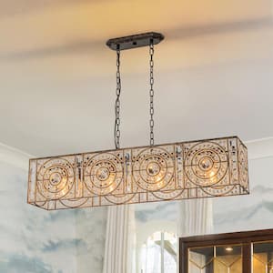 42.13 in. 4-Light Retro Antique Bronze Glam Empire Rectangle Chandelier with Crystal Accents