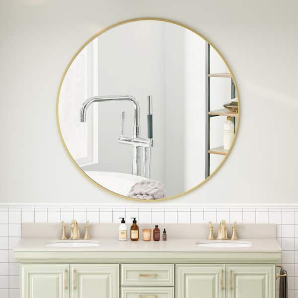 FAMYYT 42 in. W x 42 in. H Round Metal Framed Wall Bathroom Vanity Mirror in Gold