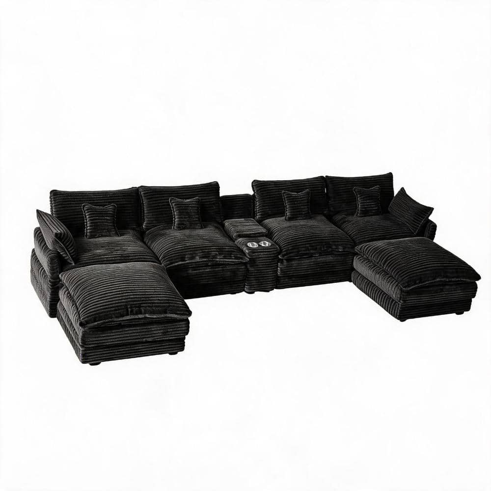 141 in. Pillow Top Arms 6-piece Corduroy U-Shaped with Storage USB Ports Sectional Sofa in Black price history on PriceWatchPro