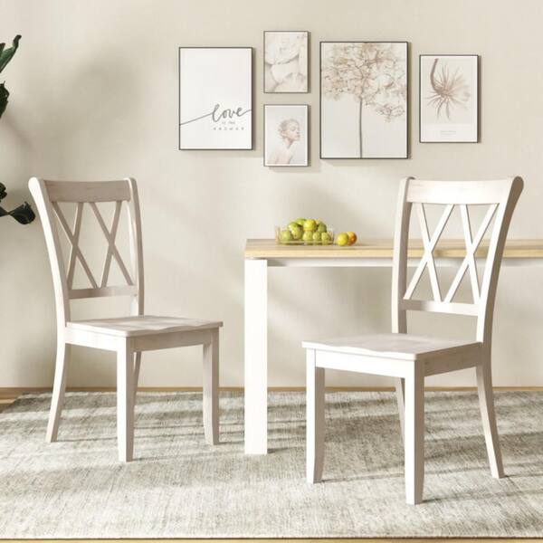Farmhouse Rubber Wood White Dining Chairs with High Back, Rustic Mid-Century Kitchen Chairs (Set of 2)