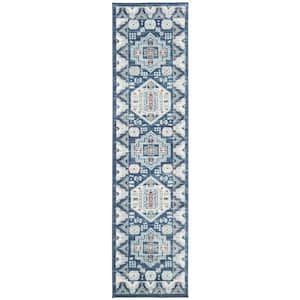 Kazak Blue/Creme 2 ft. x 8 ft. Border Persian Oriental Runner Rug