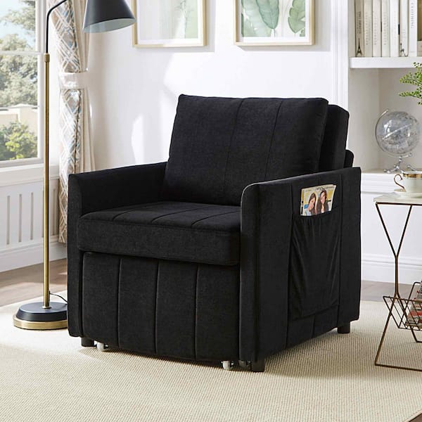 31.5 in. Rolled Arm Chenille Rectangle with Adjustable Backrest, Fold Out Bed and Storage Basket Sofa in Black