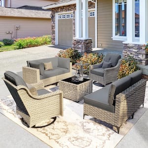 Thor 8-Piece Wicker Patio Conversation Seating Sofa Set with Cushions and Dark Gray Swivel Rocking Chairs