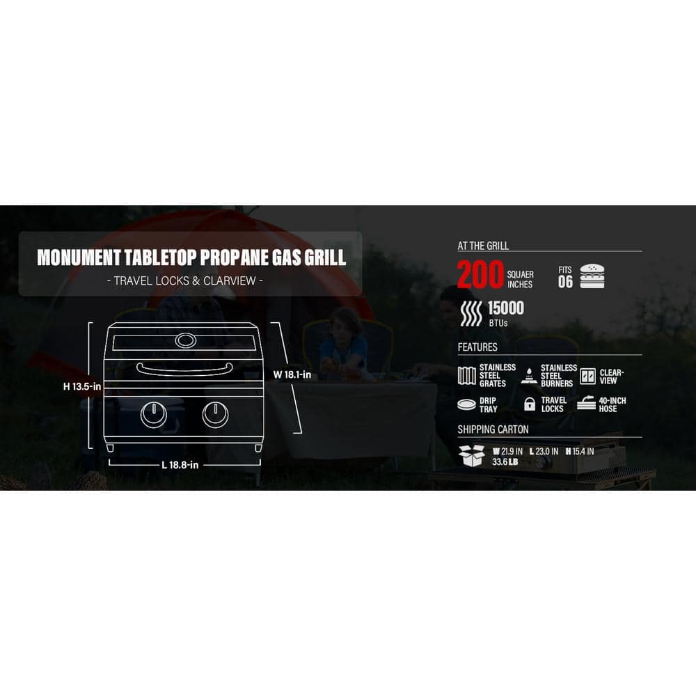 Portable Stainless Steel 2-Burner Propane Gas Grill with Clearview Lid