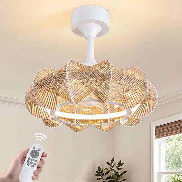 20" White Boho Rope Ceiling Fan Light with Remote & APP Control, Enclosed Caged Low Profile Fandelier with Dimmable LED