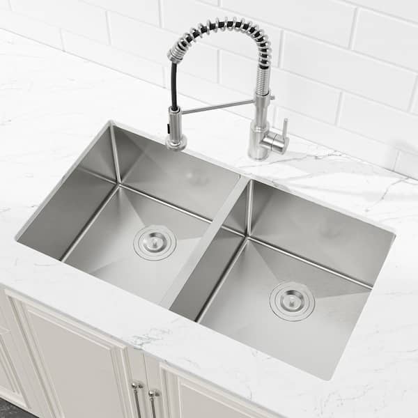 36 in. x 19 in. Brushed Nickel Stainless Steel Double Bowl Overmount Kitchen Sink with US Standard Drain and Hooks