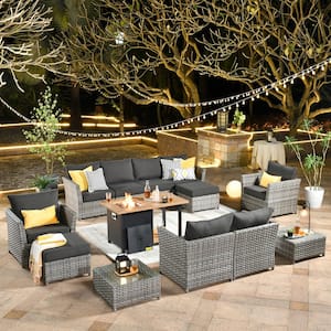 XIWD Gray 13-Piece Wicker Outerdoor Patio Storage Fire Pit Sectional Seating Set with Black Cushions