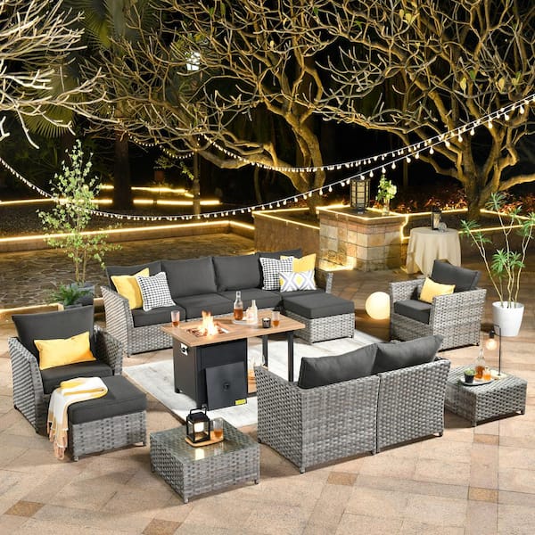 weaxty W XIWD Gray 13-Piece Wicker Outerdoor Patio Storage Fire Pit Sectional Seating Set with Black Cushions