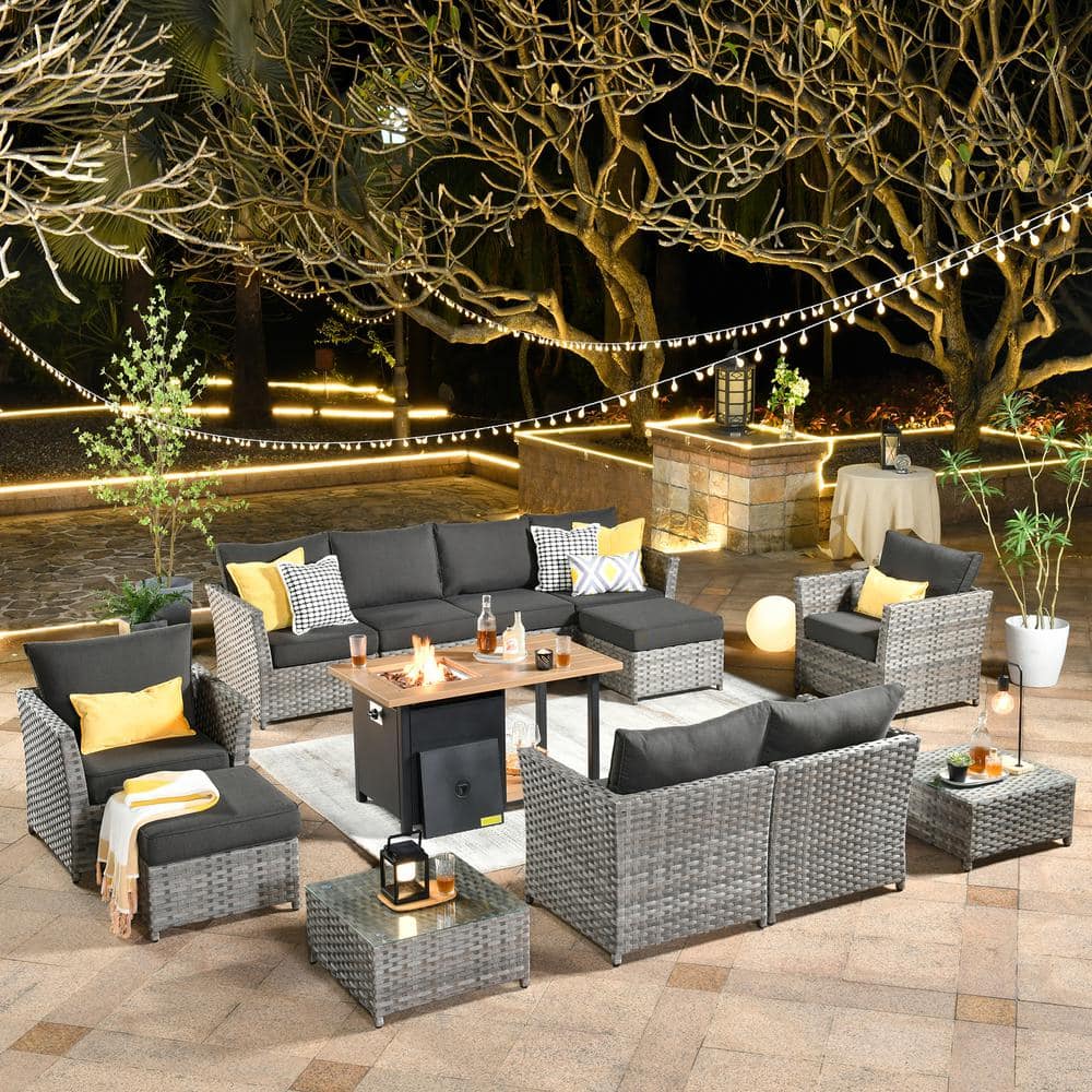 XIWD Gray 13-Piece Wicker Outerdoor Patio Storage Fire Pit Sectional Seating Set with Black Cushions price history on PriceWatchPro