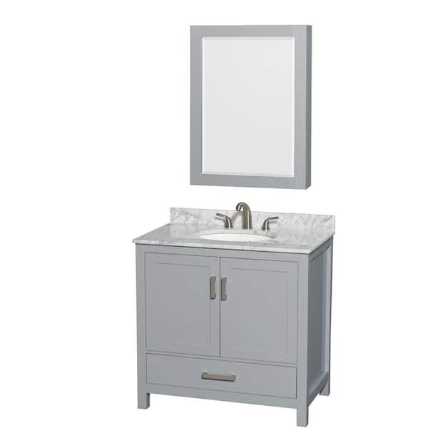 Wyndham Collection Sheffield 36 in. W x 22 in. D x 35 in. H Single Bath Vanity in Gray with White Carrara Marble Top and MC Mirror