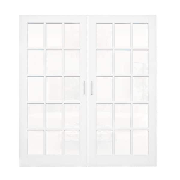 72 in. x 80 in. 15 Lite Clear Glass White Solid Core Glass French Door without Jamb Double Interior Door Slab+Ball Catch