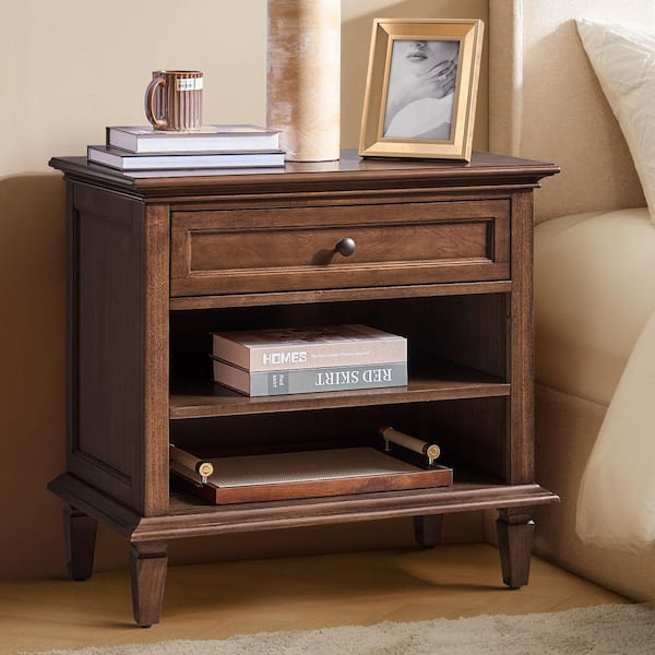 Savannah Walnut 1-Drawer 28.43 in. W Nightstand with Built-in Charging Station