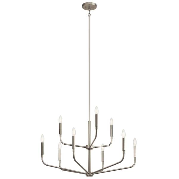 KICHLER Madden 32 in. 9-Light Brushed Nickel Modern Candle Tiered Chandelier for Dining Room