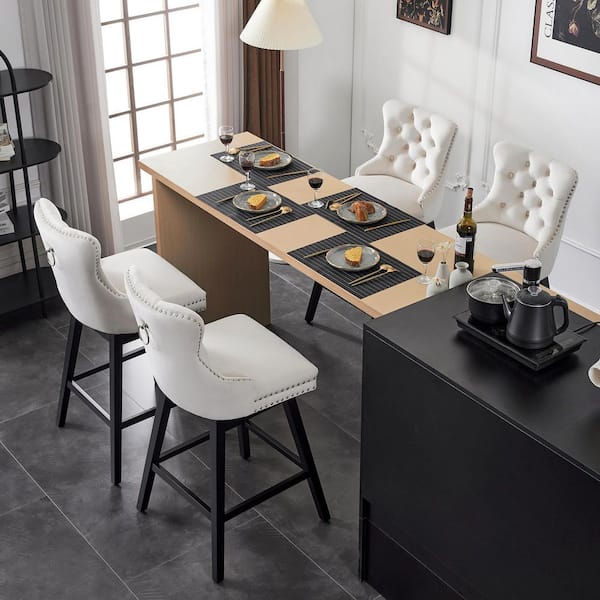 30 in. Beige Velvet Upholstered Solid Wood Frame Bar Height Swivel Bar Stool (Set of 4)