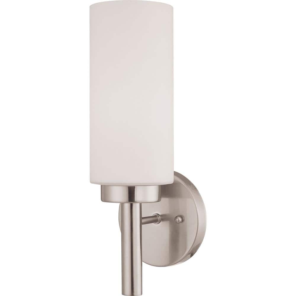 Brushed Nickel Cylinder Wall Sconce with Frosted White Shade