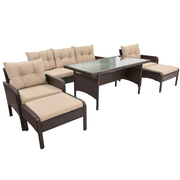 maocao hoom Brown 6-Piece Wicker Patio Conversation Seating Set with Coffee Cushions