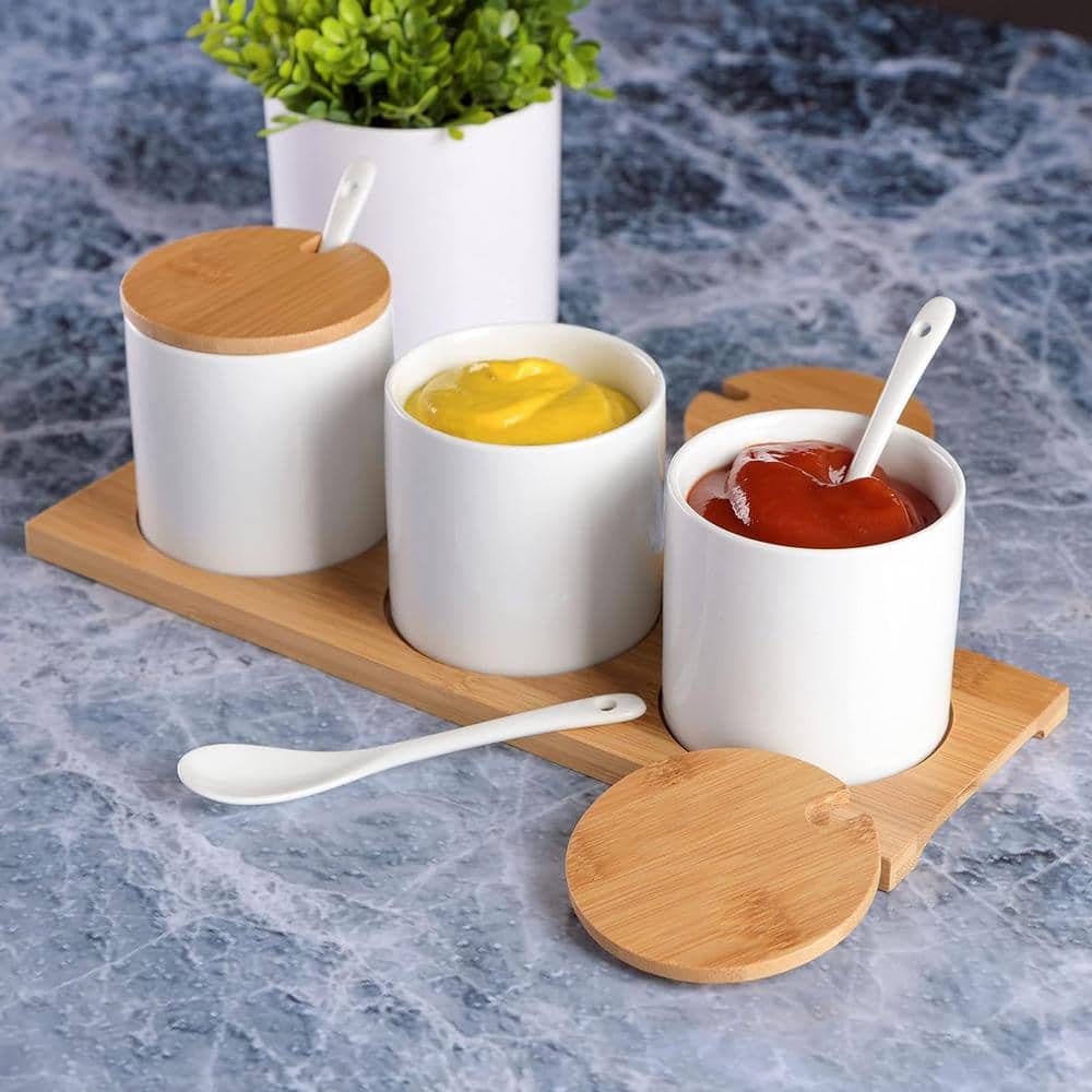 White Ceramic Condiment Jars with Bamboo Lids and Tray