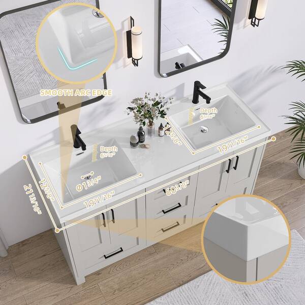 NTQ 60 in. W x 22 in. D x 36 in. H Bathroom Vanity Double Sink