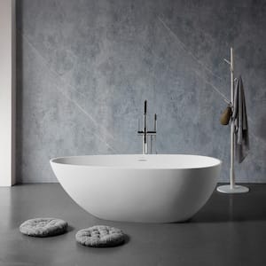 59 in. Stone Resin Flatbottom Solid Surface Freestanding Soaking Bathtub in White with Brass Drain