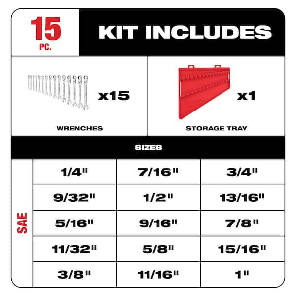 Milwaukee 144-Position Flex-Head Ratcheting Combination Wrench Set SAE  (15-Piece) 48-22-9413 - The Home Depot