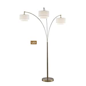 Lumiere III 83 in. Antique Brass Double Shade Off-White Shade LED Arched Floor Lamp with Dimmer