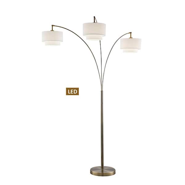 ARTIVA Lumiere III 83 in. Antique Brass Double Shade Off-White Shade LED Arched Floor Lamp with Dimmer