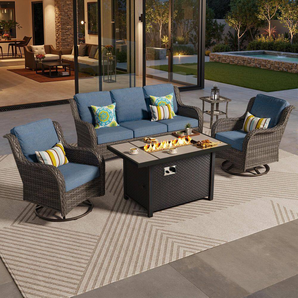 Garnet 5-Piece Gray Wicker Outdoor Fire Pit Patio Conversation Sofa Set with Swivel Chairs and Denim Blue Cushions price history on PriceWatchPro