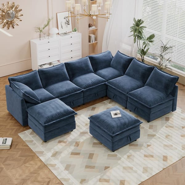 Versatile 126 in. 8-Piece Polyester Modular Sectional Sofa in Blue with Storage, 2 Ottomans