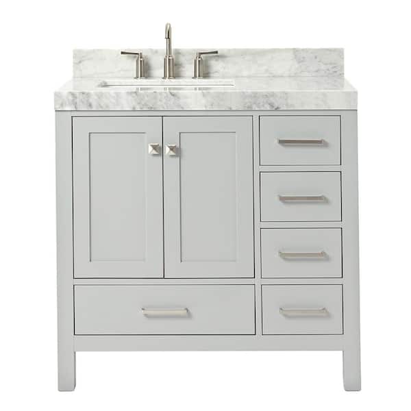 Cambridge 36 in. Single Sink Freestanding Bathroom Vanity in Gray with Carrara White Marble Top
