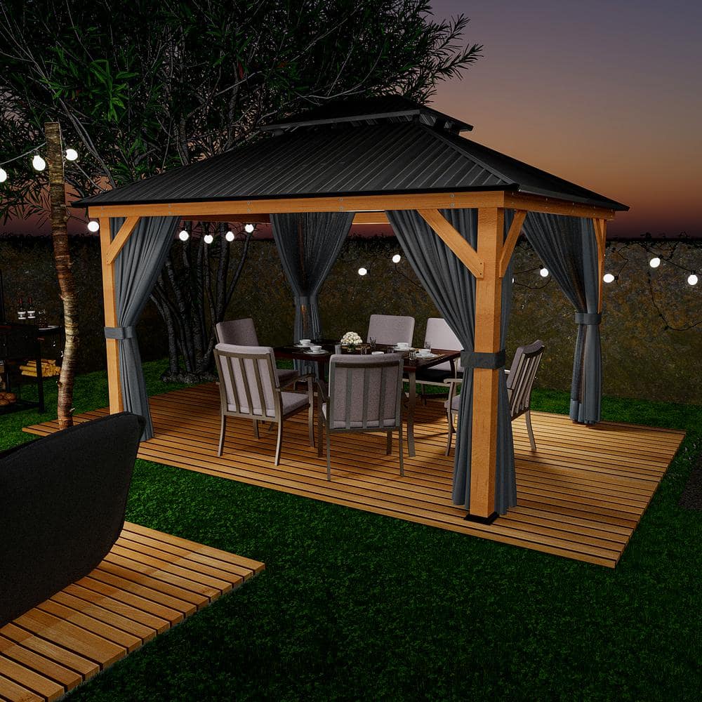 11' x 13' Wooden Patio Gazebo with Black Metal Roof and Gray Curtains