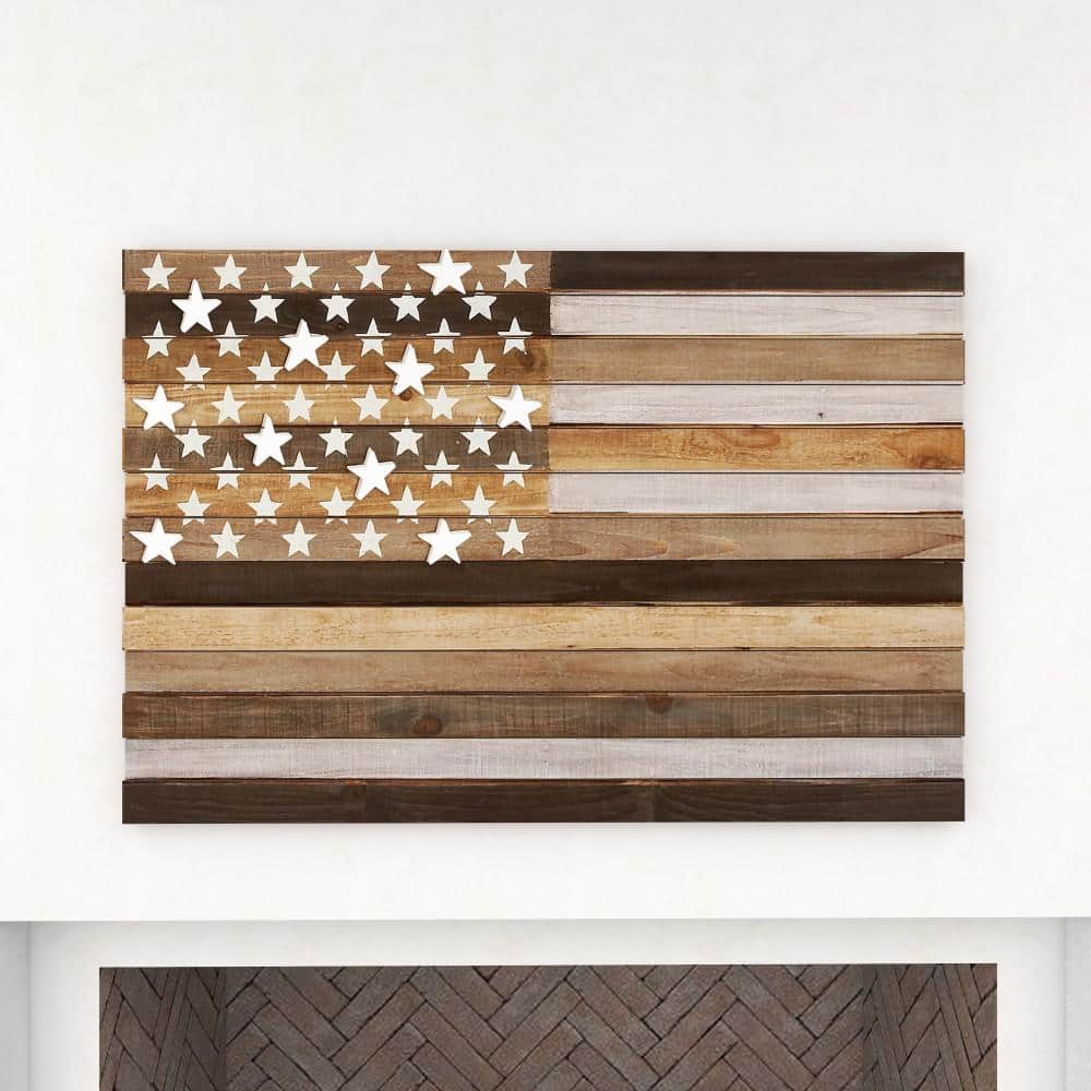 Handmade Washed Brown and Cream Wood American Flag Wall Decor