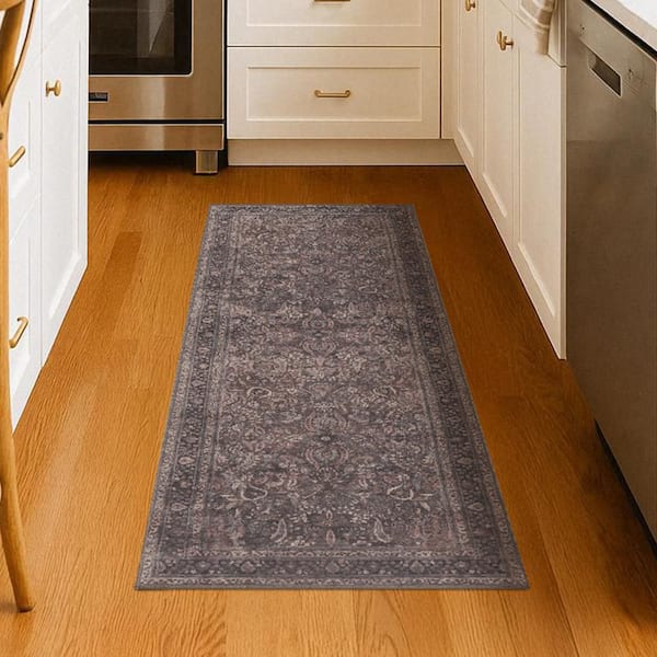 Oriana Ember Mauve Gray 2.5 ft. x 7 ft. Vintage Floral Paisley Machine Washable Non-Slip Runner Rug