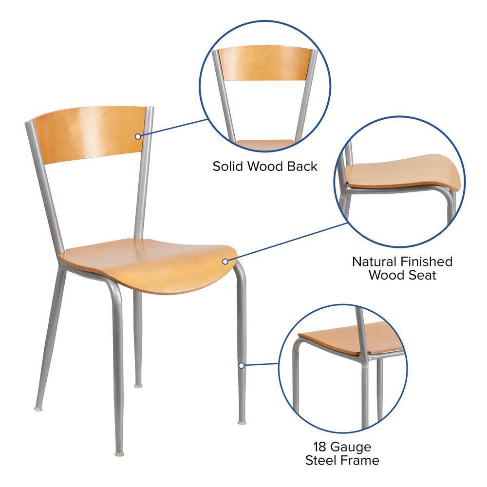 Chic Silver Steel Side Chair with Natural Wood Seat and Back