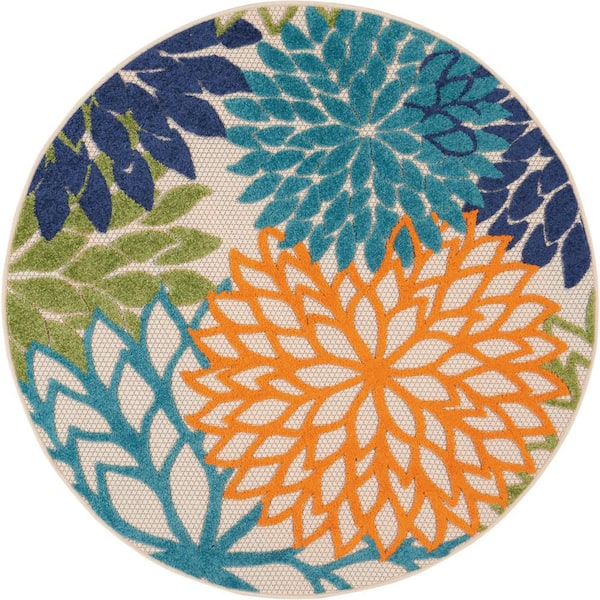 Aloha Multicolor 4 ft. x 4 ft. Round Floral Contemporary Indoor/Outdoor Patio Area Rug
