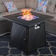 Black 5-Piece Metal Patio Fire Pit Set with Rattan Chairs with Beige Cushion