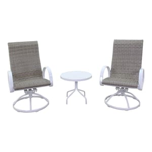 Santa Fe 3-Piece Aluminum Patio Conversation Set in White with 2 Wicker Swivel Rockers and 1 Round 20" End Table