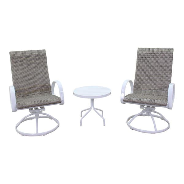 Courtyard Casual Santa Fe 3-Piece Aluminum Patio Conversation Set in White with 2 Wicker Swivel Rockers and 1 Round 20" End Table