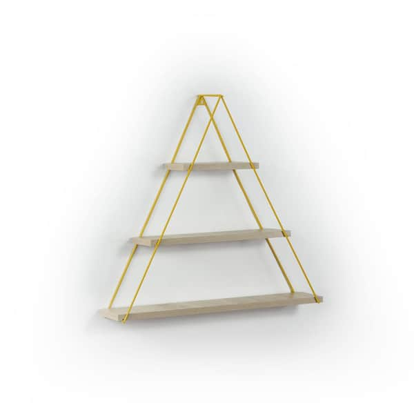 Flynama 29 in. W 23.5 in. H x 5 in. D Floating Wood Triangle 3-Tier Shelf Wall Mount Bathroom Wood Floating Shelf in Yellow