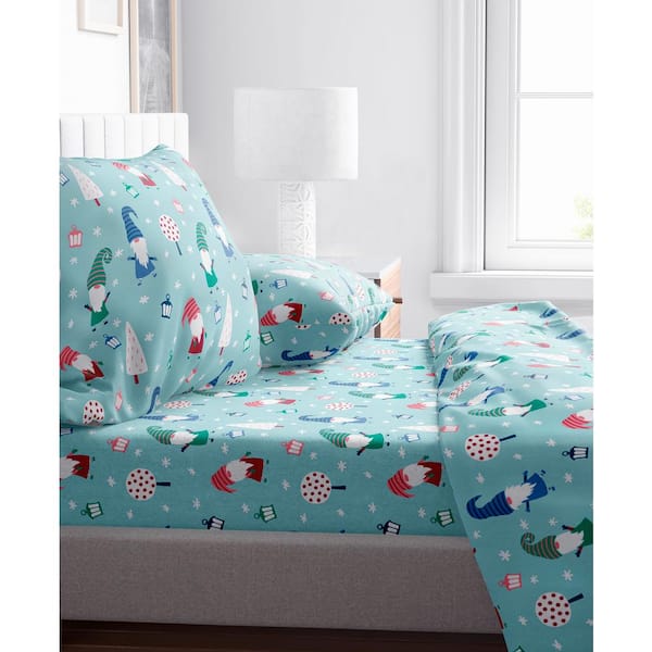 MOD LIFESTYLES Gnomes Cotton Flannel Blue Twin Sheet Set