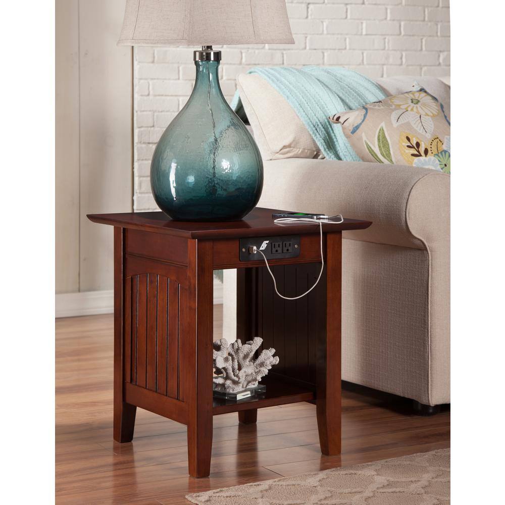 Walnut Rectangular Wood End Table with USB Charging Ports