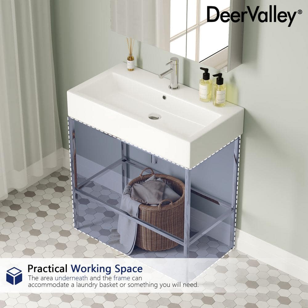 Silver Ceramic Wall-Mount Console Bathroom Sink with Overflow