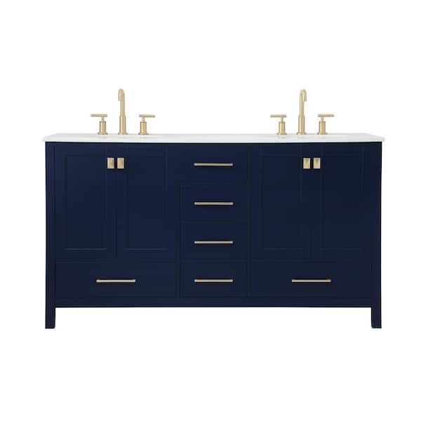 Unbranded Simply Living 60 in. W x 22 in. D x 34 in. H Double Bath Vanity in Blue with Calacatta White Engineered Marble Top