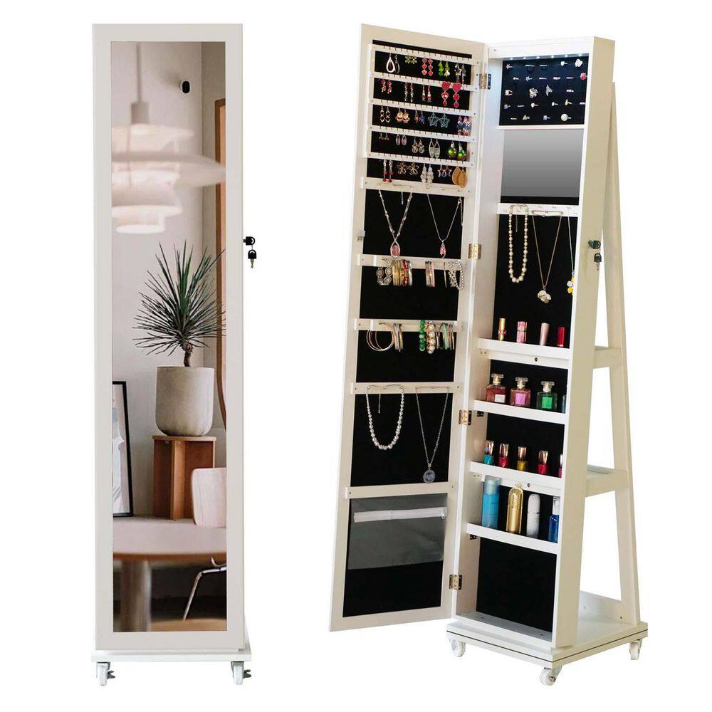 White 16 in. W x 65 in. H Standing Mirrored Jewelry Cabinet 360° Swivel Fu