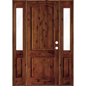 58 in. x 96 in. Rustic Knotty Alder Arch Top Red Chestnut Stained Wood Left Hand Single Prehung Front Door