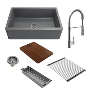 Arona Concrete Gray Granite Composite 33 in. Single Bowl Farmhouse Apron-Front WS Kitchen Sink with Acc. and Faucet