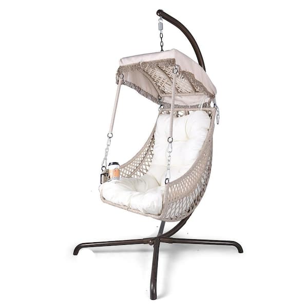Unbranded Beige Wicker Frame Metal Patio Swing, Egg Chair with Stand and Cup Holder, Hammock Chair for Backyard Decks Gardens
