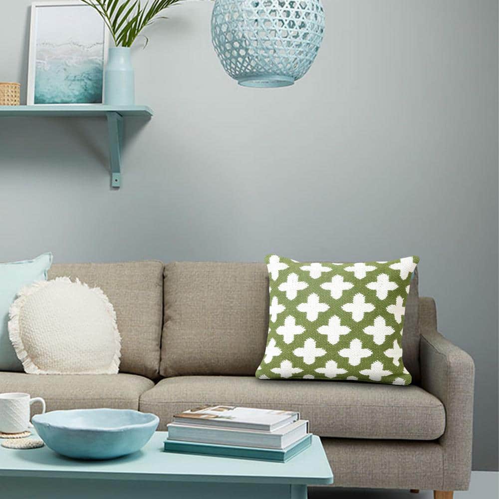 Green and White Woven Geometric Cotton Throw Pillow, 20" Square