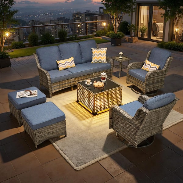 New Kenard Gray 7-Piece Wicker Patio Conversation Set with Denim Blue Cushions and Solar LED Coffee Table